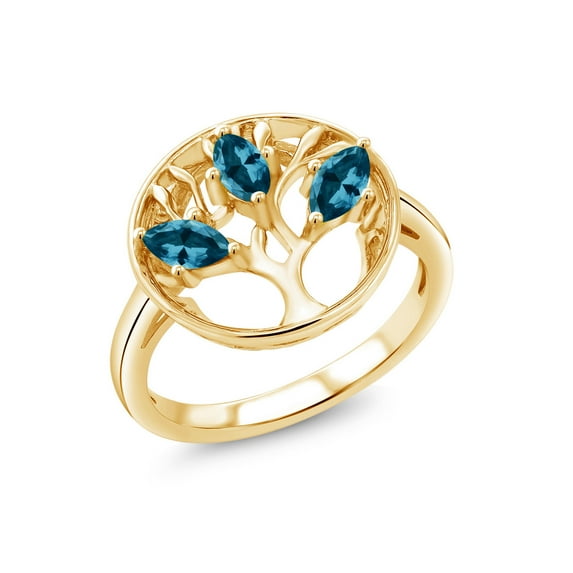 Gem Stone King 18K Yellow Gold Plated Silver London Blue Topaz Family Tree of Life Ring for Women (0.90 Cttw, Gemstone November Birthstone, Size 8)