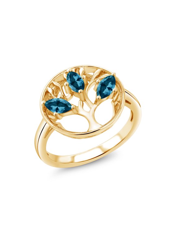 18K Yellow Gold Plated Silver London Blue Topaz Family Tree of Life Ring for Women (0.90 Cttw, Gemstone November Birthstone, Size 5)