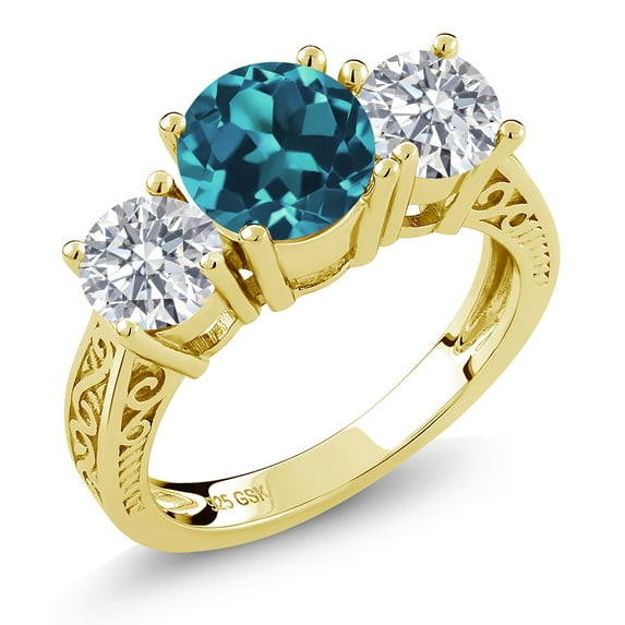 Gem Stone King 18K Yellow Gold Plated Silver London Blue Topaz and Lab Grown Diamond Engagement Ring for Women | 2.70 Cttw | Round 7MM | Gemstone November Birthstone | Size 6