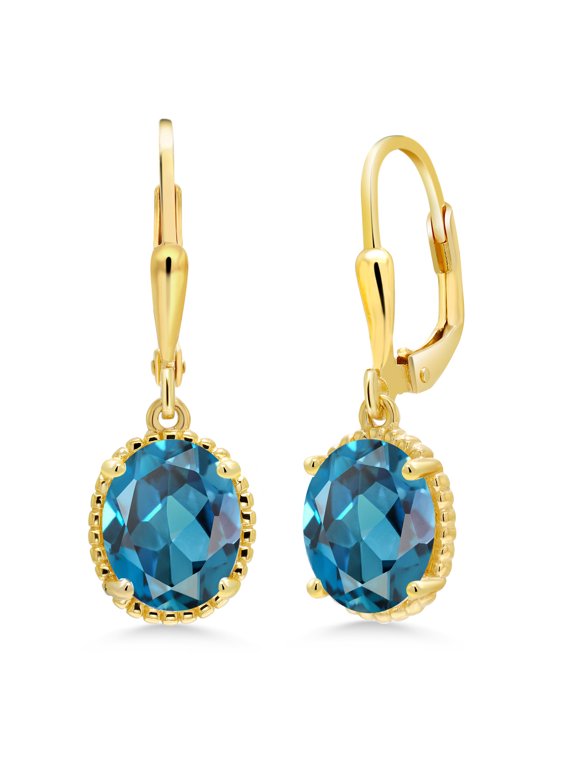18K Yellow Gold Plated Silver London Blue Topaz Leverback Dangle Earrings for Women (4.50 Cttw, Gemstone November Birthstone, Oval 9X7MM)