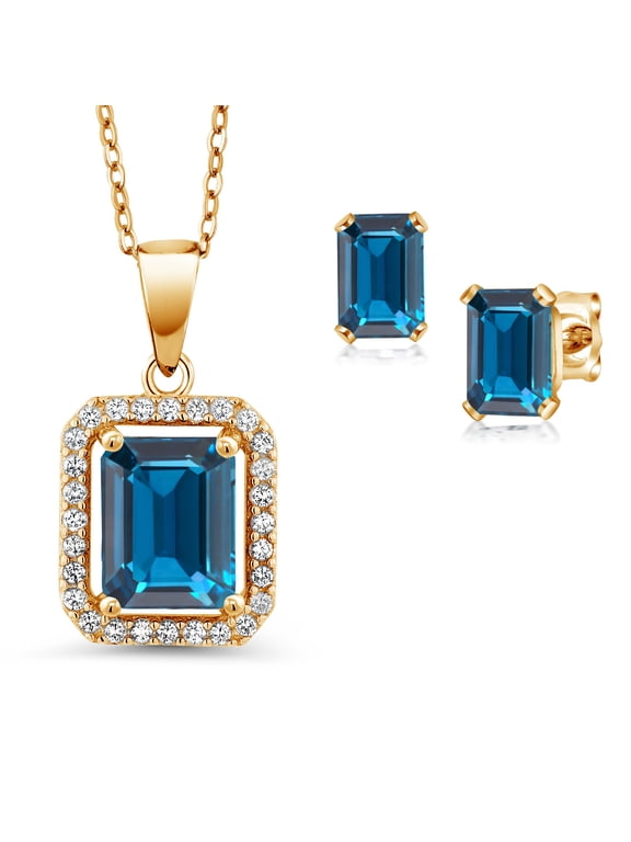 18K Yellow Gold Plated Silver London Blue Topaz Pendant and Earrings Jewelry Set for Women (4.39 Cttw, Emerald Cut 9X7MM and 6X4MM, Gemstone November Birthstone, with 18 inch Chain)