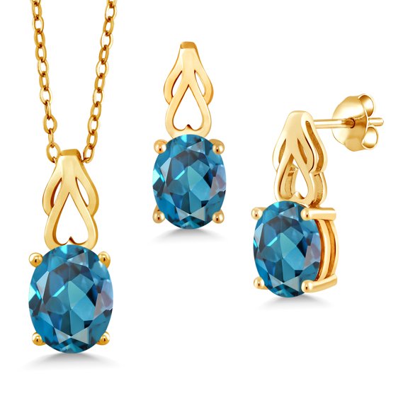 Gem Stone King 18K Yellow Gold Plated Silver London Blue Topaz Pendant and Earrings Jewelry Set for Women | 6.75 Cttw | Oval 9X7 | Gemstone November Birthstone | with 18 inch Chain