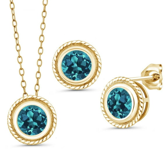 Gem Stone King 18K Yellow Gold Plated Silver London Blue Topaz Pendant Earrings Set for Women (3.30 Cttw, Gemstone November Birthstone, Round 6MM, With 18 inch Chain)