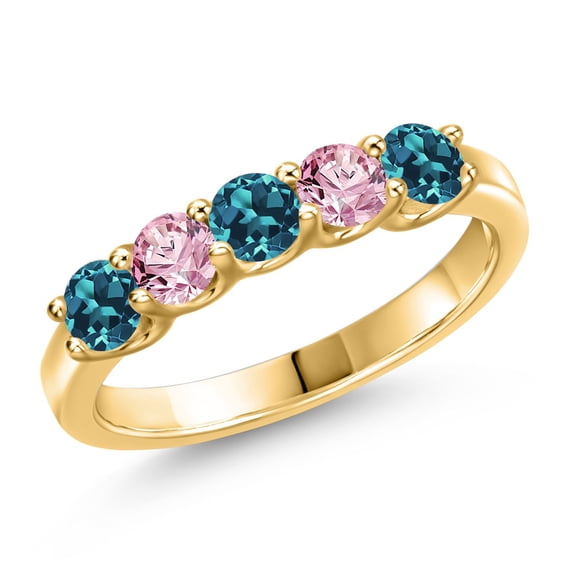Gem Stone King 18K Yellow Gold Plated Silver London Blue Topaz and Pink Lab Grown Diamond Wedding-Bands Ring for Women | 1.02 Cttw | Round 3.5MM | Gemstone November Birthstone | Size 6