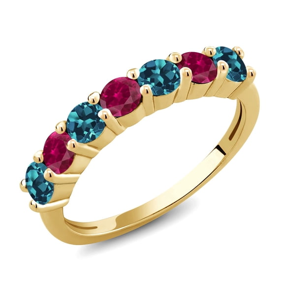 Gem Stone King 18K Yellow Gold Plated Silver London Blue Topaz Red Created Ruby Anniversary Ring for Women (1.63 Cttw, Gemstone Birthstone, Size 7)