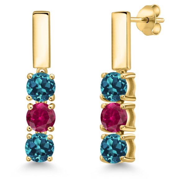 Gem Stone King 18K Yellow Gold Plated Silver London Blue Topaz and Red Created Ruby Drop Dangle Earrings for Women | 2.00 Cttw | Gemstone November Birthstone | Round 5MM