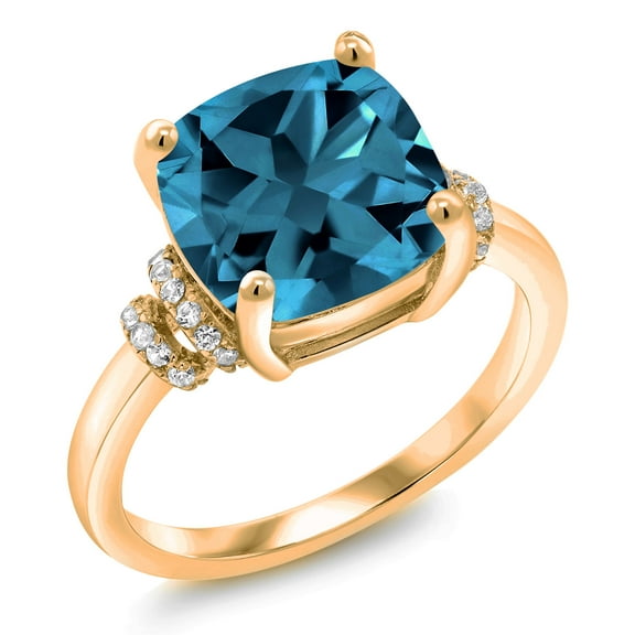 Gem Stone King 18K Yellow Gold Plated Silver London Blue Topaz Ring for Women (5.49 Cttw, Cushion 10MM, Gemstone Birthstone, Available in Size 5, 6, 7, 8, 9)