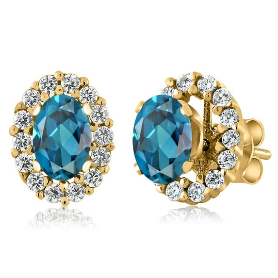 Gem Stone King 18K Yellow Gold Plated Silver London Blue Topaz Stud Earrings with Removable Jackets for Women (1.56 Cttw, Gemstone November Birthstone, Oval 6X4MM)