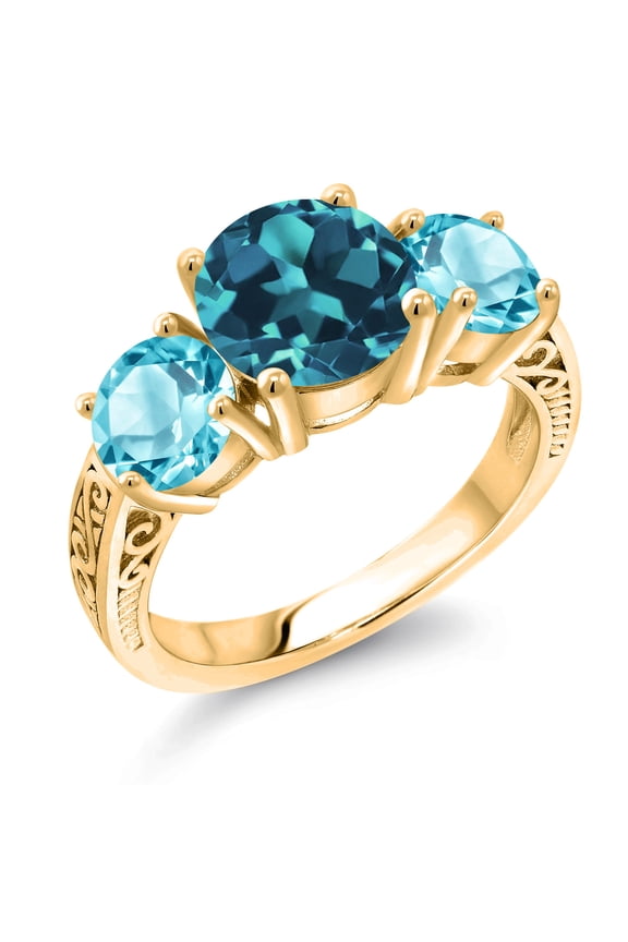 18K Yellow Gold Plated Silver London Blue Topaz and Swiss Blue Topaz 3-Stone Ring for Women | 4.50 Cttw | Round 8MM and 6MM | Three Stone Wedding Engagement Anniversary Ring | Size 7