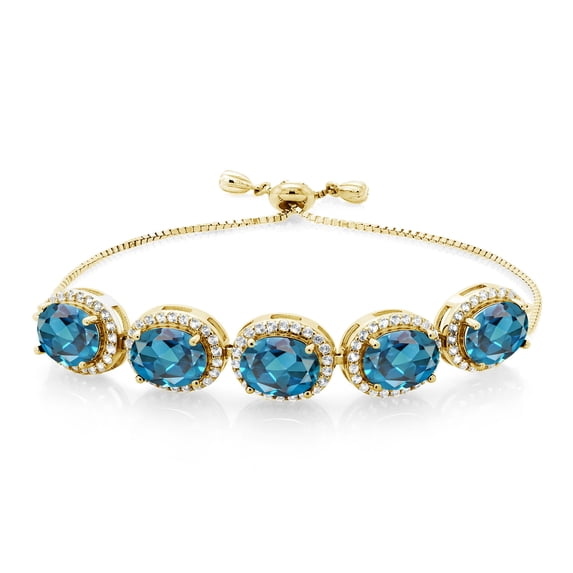 Gem Stone King 18K Yellow Gold Plated Silver London Blue Topaz Tennis Bracelet for Women (12.30 Cttw, Oval 9X7MM, Gemstone November Birthstone, Fully Adjustable up to 9 inch)