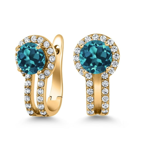 Gem Stone King 18K Yellow Gold Plated Silver London Blue Topaz and White Created Sapphire Earrings for Women (1.90 Cttw, Gemstone November Birthstone, Round 5MM)