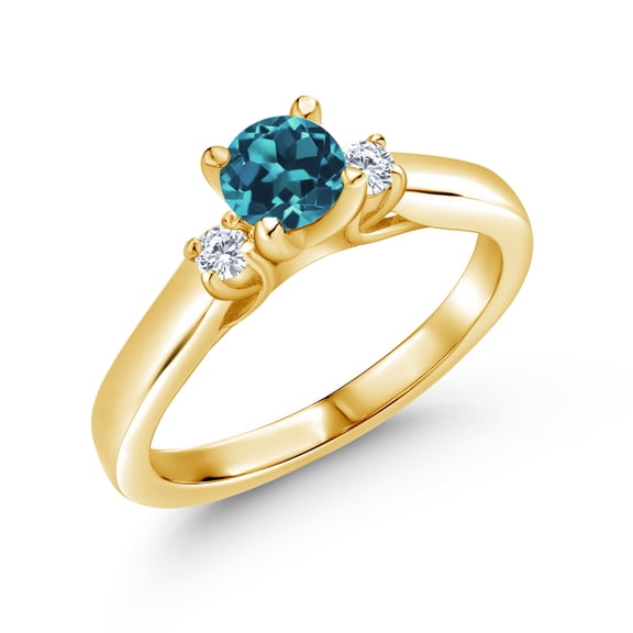Gem Stone King 18K Yellow Gold Plated Silver London Blue Topaz and White Lab Grown Diamond 3-Stone Engagement Ring for Women (0.83 Cttw, Gemstone November Birthstone, Size 5)