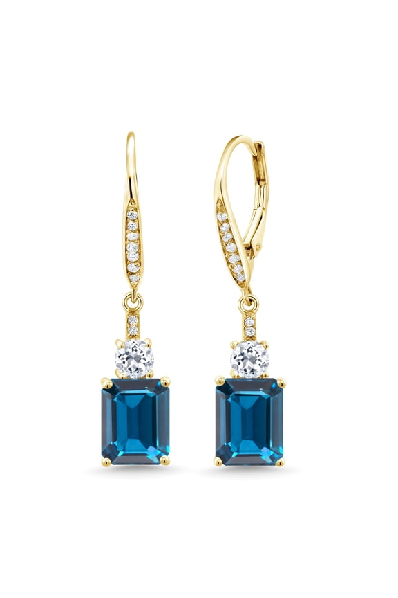 18K Yellow Gold Plated Silver London Blue Topaz and White Topaz Dangle Earrings for Women (6.08 Cttw, Gemstone November Birthstone, Emerald Cut 9X7MM)