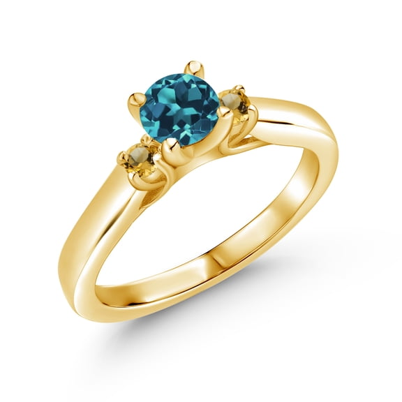 Gem Stone King 18K Yellow Gold Plated Silver London Blue Topaz and Yellow Citrine 3-Stone Engagement Ring for Women (0.84 Cttw, Gemstone November Birthstone, Size 8)