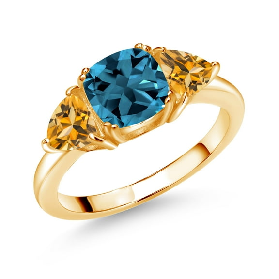Gem Stone King 18K Yellow Gold Plated Silver London Blue Topaz and Yellow Citrine 3 Stone Engagement Ring for Women (2.67 Cttw, Gemstone November Birthstone, Size 8)