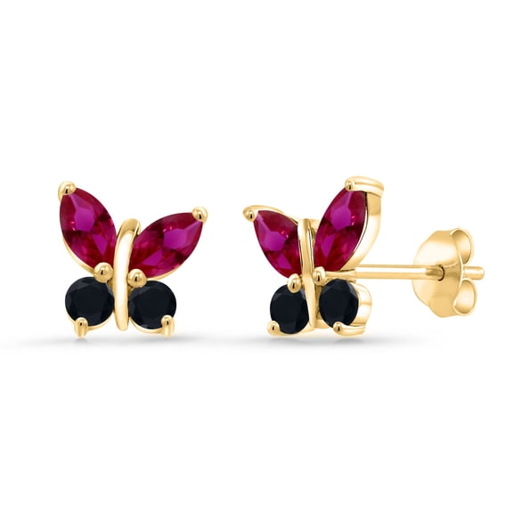 Gem Stone King 18K Yellow Gold Plated Silver Marquise Red Created Ruby and Black Onyx Butterfly Earrings for Women (1.60 Cttw, Gemstone July Birthstone, Center Stone: 6X3MM, Small Stones: 3MM)