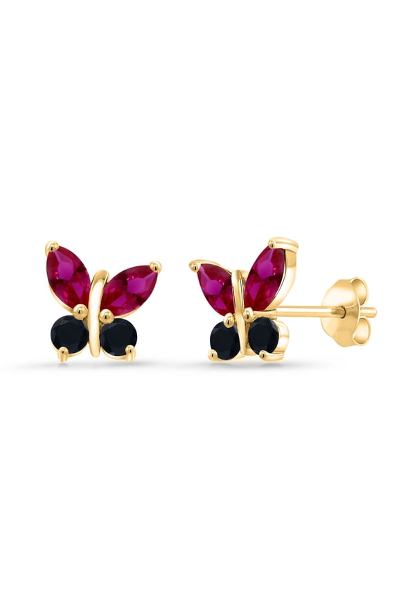 18K Yellow Gold Plated Silver Marquise Red Created Ruby and Black Onyx Butterfly Earrings for Women (1.60 Cttw, Gemstone July Birthstone, Center Stone: 6X3MM, Small Stones: 3MM)