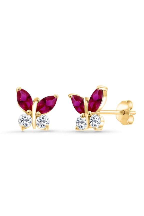 18K Yellow Gold Plated Silver Marquise Red Created Ruby and White Topaz Butterfly Earrings for Women (1.76 Cttw, Gemstone July Birthstone, Center Stone: 6X3MM, Small Stones: 3MM)