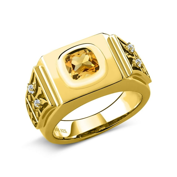 Gem Stone King 18K Yellow Gold Plated Silver Men's Ring Cushion Yellow Citrine and Moissanite (2.03 Cttw, Size 11)