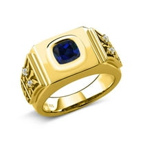 Gem Stone King 18K Yellow Gold Plated Silver Men's Ring Cushion Blue Created Sapphire and Moissanite (2.53 Cttw, Size 8)