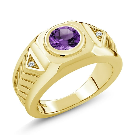 Gem Stone King 18K Yellow Gold Plated Silver Men's Solitaire Ring Amethyst Moissanite (1.73 Cttw)