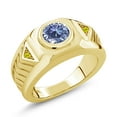 thumbnail image 1 of Gem Stone King 18K Yellow Gold Plated Silver Men's Solitaire Ring Round Persian Blue Moissanite and Diamond Canary 1.93cttw, 1 of 5
