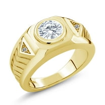 Gem Stone King 18K Yellow Gold Plated Silver Men's Solitaire Ring Set with Near Colorless (GH) Round 1.93cttw Moissanite and Diamond