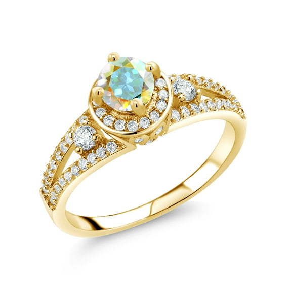 Gem Stone King 18K Yellow Gold Plated Silver Mercury Mist Mystic Topaz Engagement Ring for Women (1.49 Cttw, Round 5MM, Gemstone November Birthstone, Size 6)