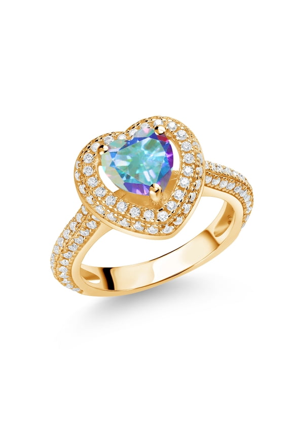 18K Yellow Gold Plated Silver Mercury Mist Mystic Topaz and White Moissanite Heart Shape Ring for Women (1.62 Cttw, Size 7)