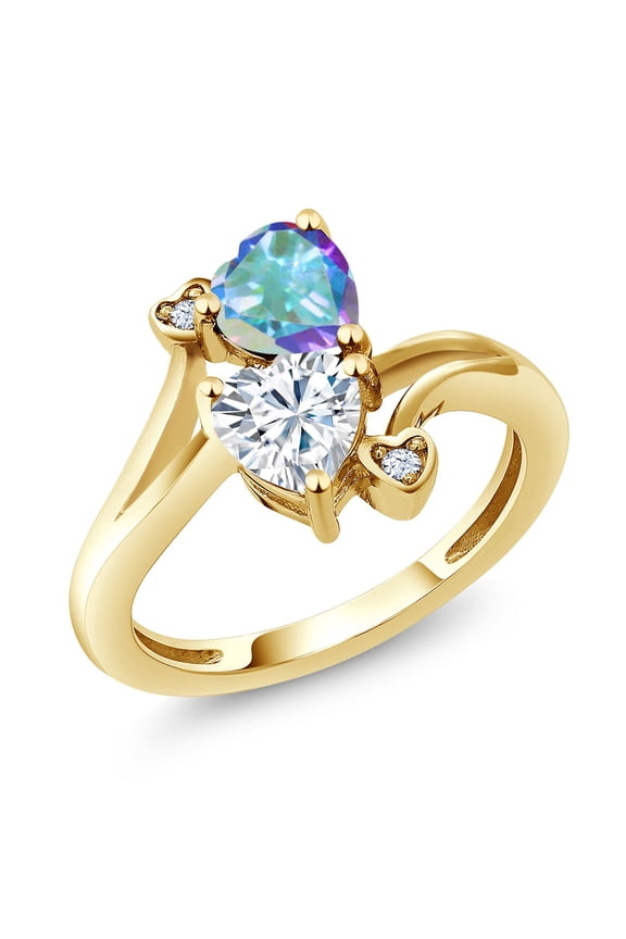 18K Yellow Gold Plated Silver Mercury Mist Mystic Topaz White Moissanite Ring for Women (1.83 Cttw, Heart Shape 6MM, Gemstone Birthstone, Size 8)