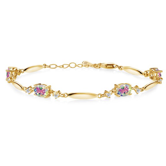 Gem Stone King 18K Yellow Gold Plated Silver Mercury Mist Mystic Topaz and White Topaz Tennis Bracelet for Women | 4.32 Cttw | Gemstone November Birthstone | Oval 7X5MM | 6 inch + 1 inch Extender