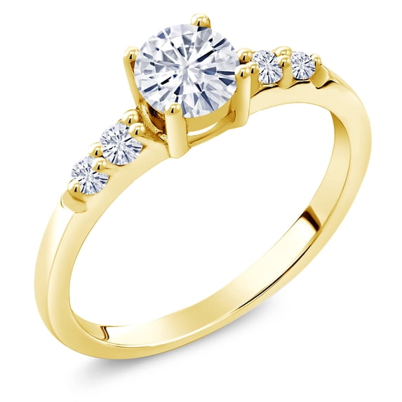 Gem Stone King 18K Yellow Gold Plated Silver Moissanite and Lab Grown Diamond Engagement Ring for Women (0.65 Cttw, Round 5MM, Gemstone Birthstone, Size 5)