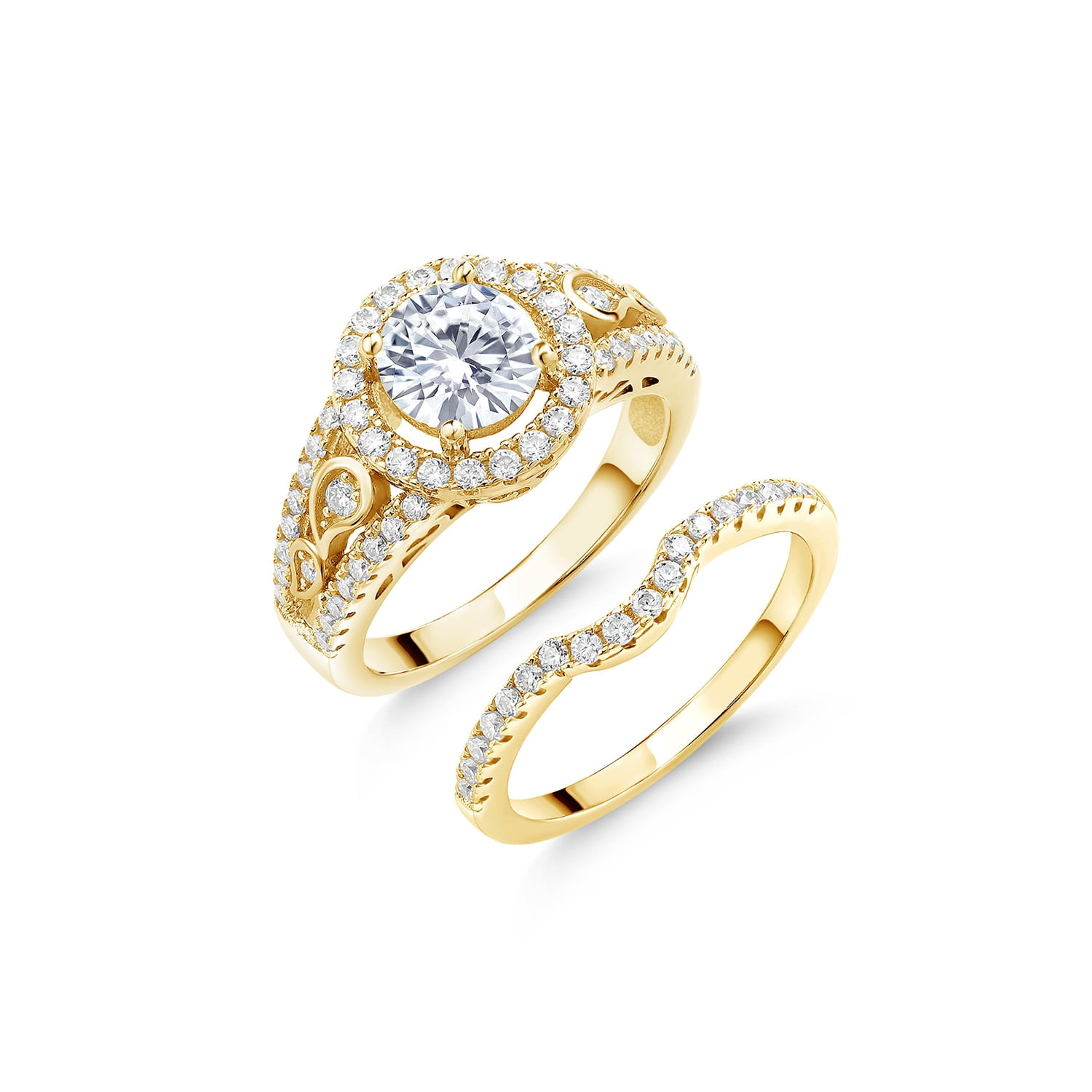 Gem Stone King 18K Yellow Gold Plated Silver Moissanite Wedding Engagement Ring Band Bridal Set for Women | 1.74 Cttw | Center 6.5MM | Wedding Engagement Anniversary Promise Ring for Women | Size 8