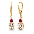 thumbnail image 1 of Gem Stone King 18K Yellow Gold Plated Silver Morganite Peach and Red Created Ruby Dangle Earrings for Women with Lab Grown Diamond (3.73 Cttw, Oval 9X7MM), 1 of 3