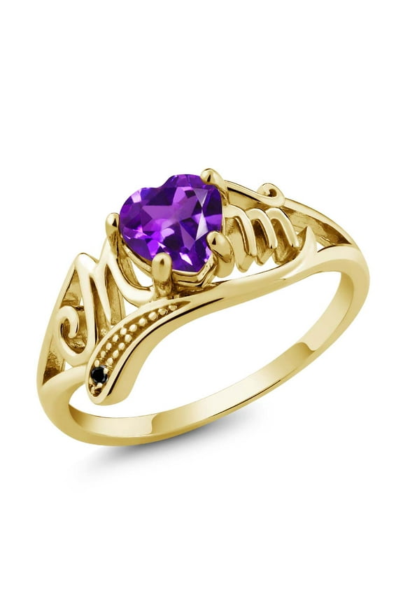 18K Yellow Gold Plated Silver Mothers Day Purple Amethyst and Diamond Mom MOM Ring (0.41 Ct Heart Shape 6MM, Gemstone Birthstone, Available in Size 5, 6, 7, 8, 9)