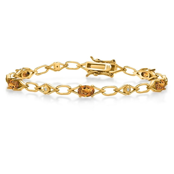 Gem Stone King 18K Yellow Gold Plated Silver Orange Red Madeira Citrine and Round White Lab Grown Diamond Tennis Bracelet for Women (2.44 Cttw, Gemstone Birthstone, Oval 6X4MM, 7.25 inches)
