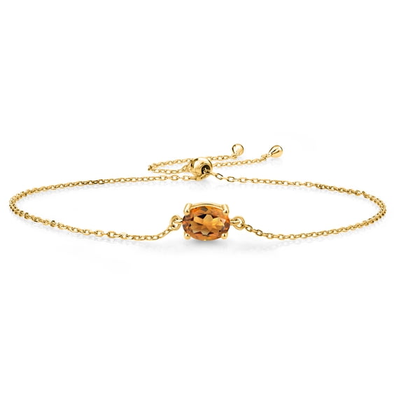 Gem Stone King 18K Yellow Gold Plated Silver Orange Red Madeira Citrine Solitaire Bracelet for Women (1.10 Cttw, Oval 8X6MM, Gemstone Birthstone, Fully Adjustable up to 9 inch)