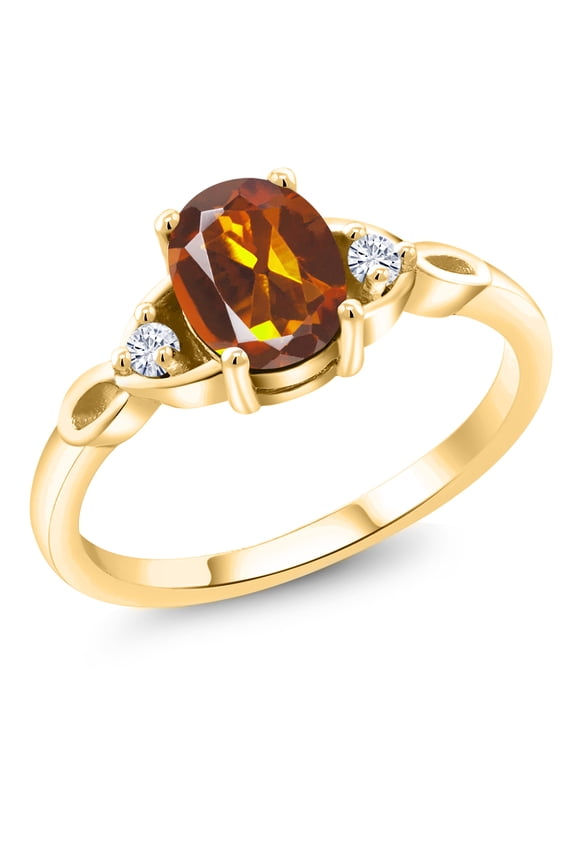18K Yellow Gold Plated Silver Orange Red Madeira Citrine and White Moissanite 3-Stone Rings for Women (1.18 Cttw, Gemstone, Oval 8X6MM, Available in Size 5, 6, 7, 8, 9)