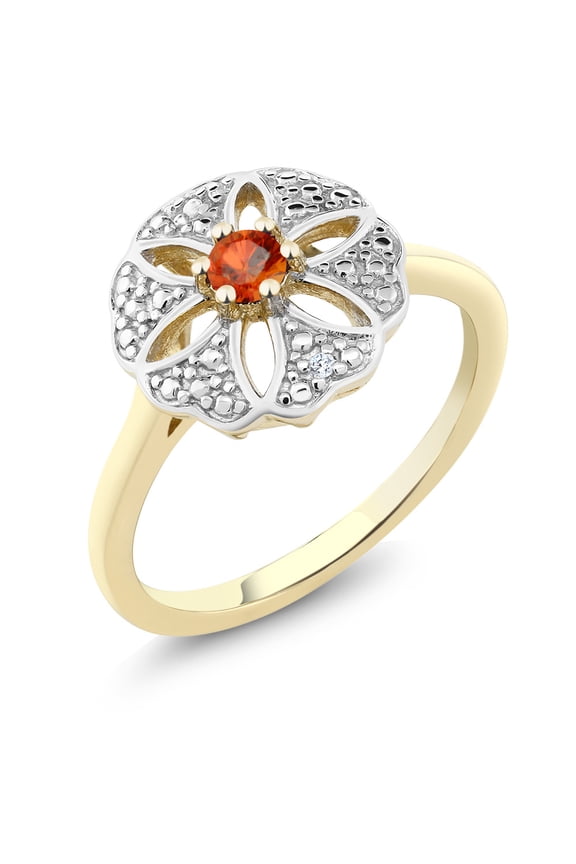18K Yellow Gold Plated Silver Orange Sapphire and I Diamond Engagement Ring for Women | 0.13 Cttw | Round 3MM | Gemstone September Birthstone | Size 5