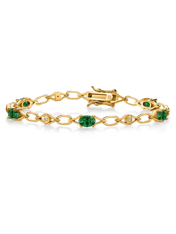 18K Yellow Gold Plated Silver Oval 6X4MM Green Created Emerald & White Lab Grown Diamond Tennis Bracelet for Women | 2.14 Cttw | 7.25 inches