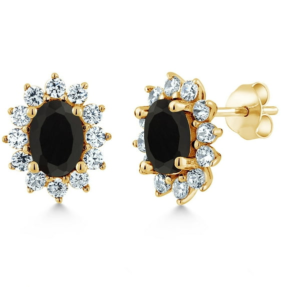 Gem Stone King 18K Yellow Gold Plated Silver Oval Black Onyx Halo Princess Diana Kate MiddletonPost Earrings for Women | 2.12 Cttw | Gemstone Birthstone | Oval 7X5MM