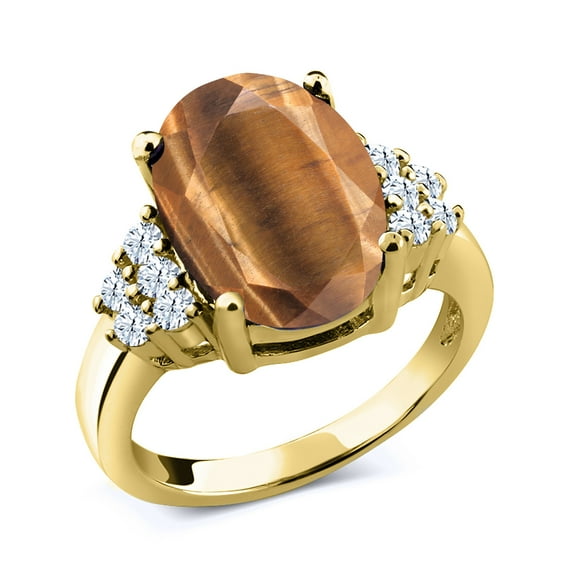 Gem Stone King 18K Yellow Gold Plated Silver Oval Brown Tiger Eye Ring for Women (4.30 Cttw, Gemstone Birthstone, Size 9)