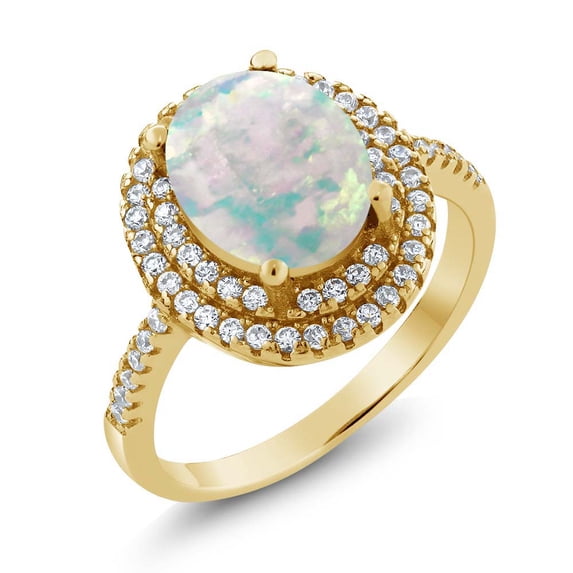 Gem Stone King 18K Yellow Gold Plated Silver Oval Cabochon White Simulated Opal Ring for Women 2.80 Cttw (Size 8)