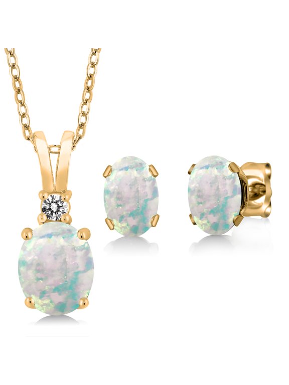 18K Yellow Gold Plated Silver Oval Cabochon White Simulated Opal and White Diamond Pendant Earrings Set for Women | 3.07 Cttw |With 18 inch Chain