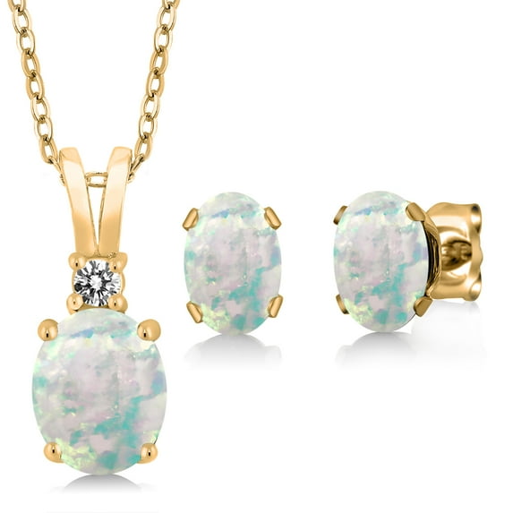 Gem Stone King 18K Yellow Gold Plated Silver Oval Cabochon White Simulated Opal and White Diamond Pendant Earrings Set for Women | 3.07 Cttw |With 18 inch Chain