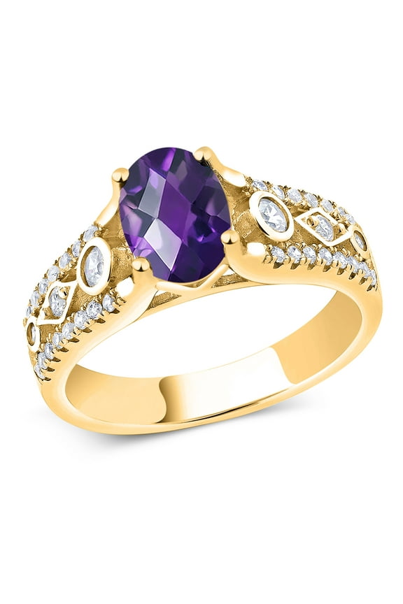18K Yellow Gold Plated Silver Oval Checkerboard Purple Amethyst Ring for Women (1.56 Cttw, Gemstone Birthstone, Available in Size 5, 6, 7, 8, 9)