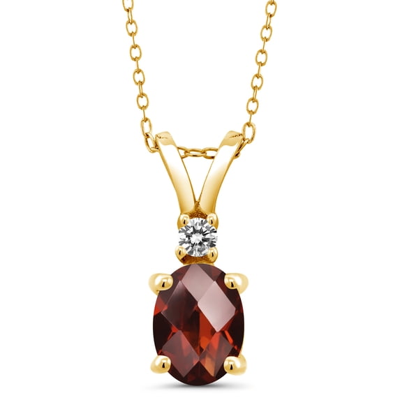 Gem Stone King 18K Yellow Gold Plated Silver Oval Checkerboard Red Garnet and White Diamond Pendant Necklace for Women (1.60 Cttw, Gemstone Birthstone, with 18 inch Chain)
