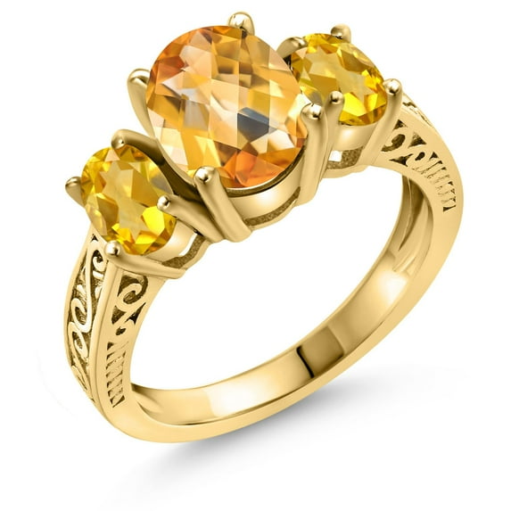 Gem Stone King 18K Yellow Gold Plated Silver Oval Checkerboard Yellow Citrine 3-Stone Ring for Women (2.40 Cttw, Gemstone Birthstone, Available in Size 5, 6, 7, 8, 9)