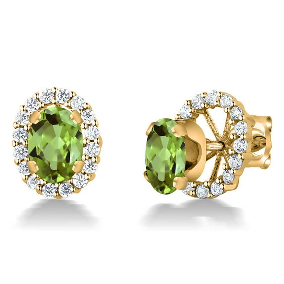 Gem Stone King 18K Yellow Gold Plated Silver Oval Green Peridot Removable Jacket Stud Earrings for Women
