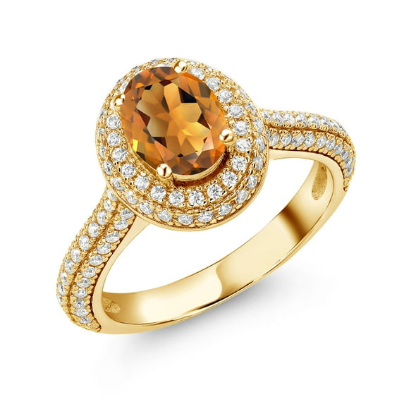 Gem Stone King 18K Yellow Gold Plated Silver Oval Orange Red Madeira Citrine and White Moissanite Engagement Ring for Women (1.74 Cttw, Gemstone Birthstone, Available in Size 5, 6, 7, 8, 9)